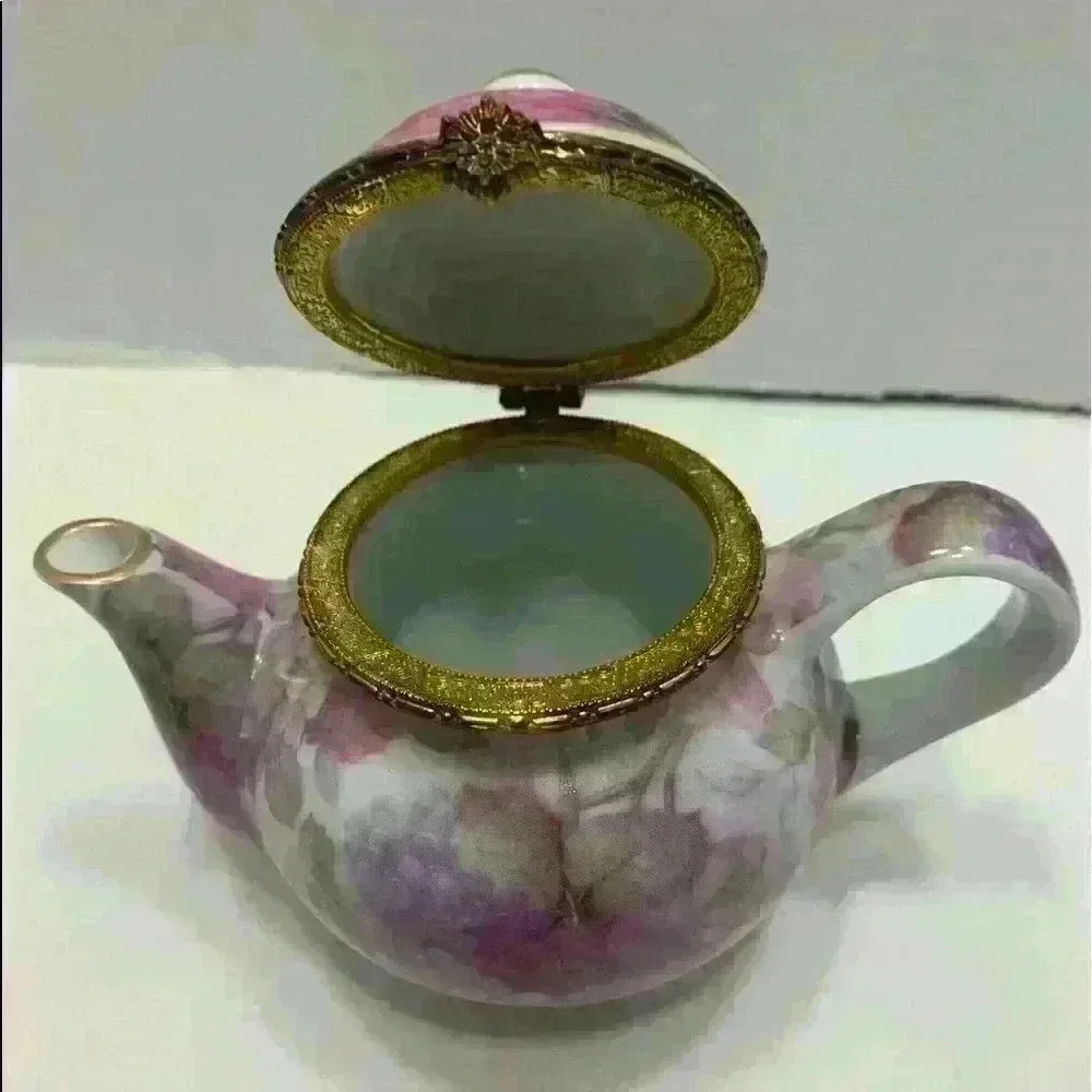 Formalities By Baum Bros Teapot Trinket Box Chintz Purple Flowers
